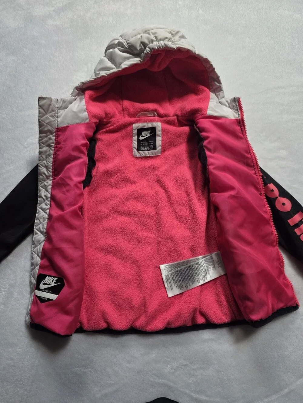 Nike Kids 4T Puffer Jacket Fleece Lined Hooded Black Pink Just Do It